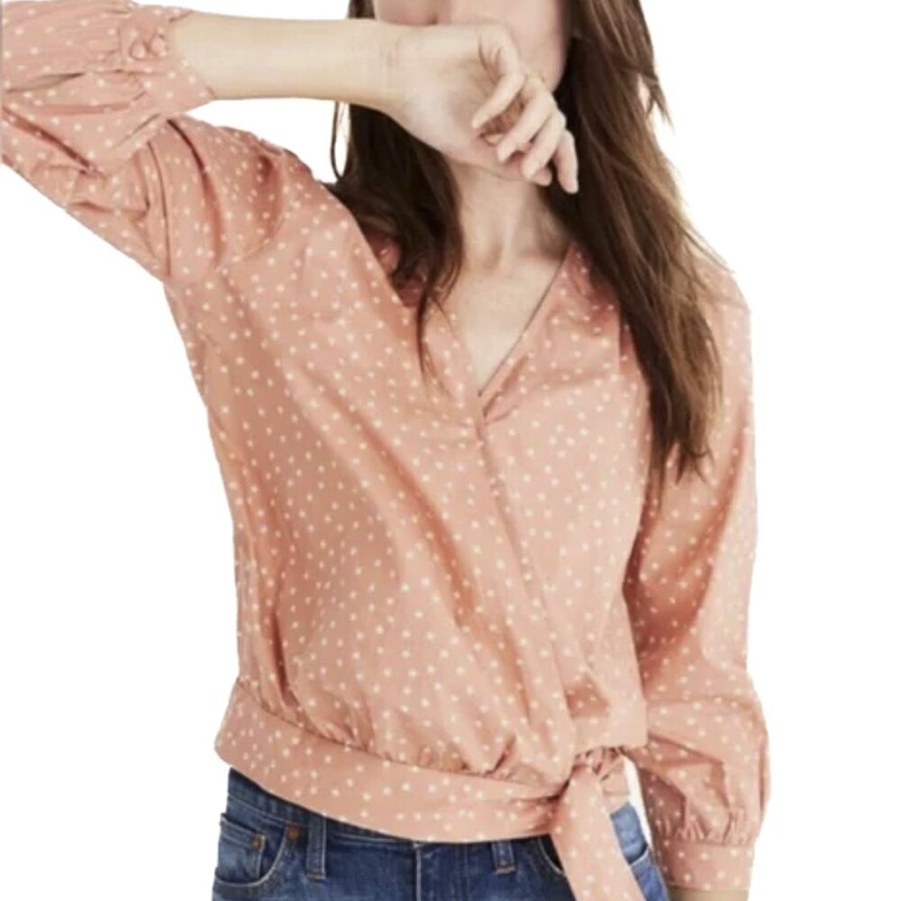 Madewell Women's Star Scatter Wrap Tie Blouse Orange with White Stars Size XXS
